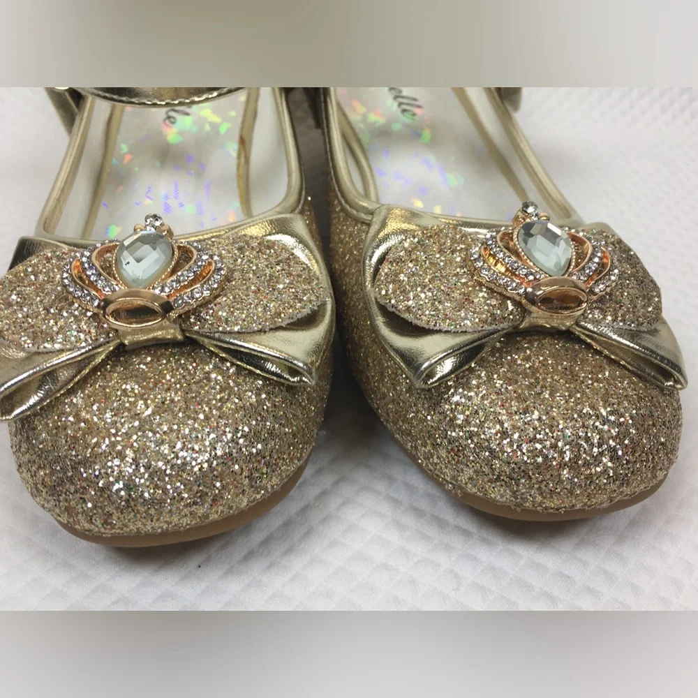 Stelle Girls' Mary Jane Hook & Loop Dress Shoes Gold Glitter Bow Gem Low Heel